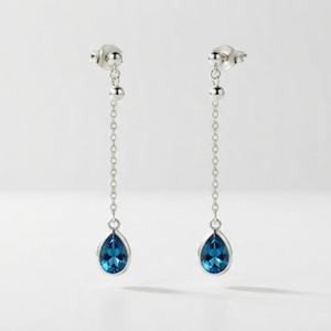 Boucles d'oreilles pendantes en argent sterling 925 avec topaze bleue, serti griffe, plaqué or, bijoux classiques pour femmes - Product Image 1