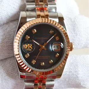 Reloj Mecánico de Lujo Vintage de 36 mm, Estilo Hip Hop, Dos Tonos, Acero Inoxidable, Esfera Gris Pizarra con Efecto Rayos de Sol, Diamantes en las Horas, Alta Calidad - Product Image 1