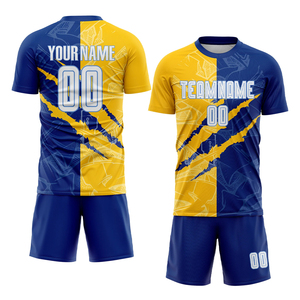 ชุดเสื้อฟุตบอลผู้ชายสั่งทำพิเศษ สีน้ำเงินลายสก็อตสีเหลือง พิมพ์ลายแบบ Sublimation ระบายเหงื่อได้ดี คอวี แขนสั้น สำหรับผู้ใหญ่ ชุดทีม - Product Image 1