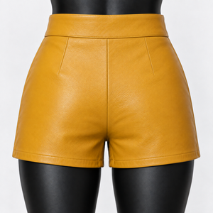 Shorts de Cuero Ecológico Amarillo Mostaza, Minimalistas, con Cierre Oculto, Cintura Ancha, Ajustados, Elegantes, Chic, Retro, Estilo Años 70, para Vacaciones - Product Image 2
