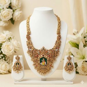 High Quality Traditional South <b>Indian</b> Temple Ethnic Brass Laxmi Bridal Set Zircon Flower Design Rose Gold Plated Wedding Party - Product Image 1