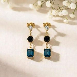 London Blue Topaz <b>Black</b> Obsidian Drop Earrings Rectangle & Round Cut CZ Accent Minimalist Stud Dangle Gift For Her Jewelry - Product Image 3