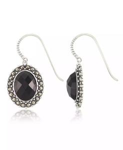 Orecchini di filo ovale in argento Sterling Marcasite e onice sfaccettati | Macacy's - Product Image 1