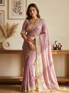 Sari de Seda Organza Rosa Rivaayat House con Borde Bordado Zari, Moderno, Largo hasta el Suelo, para Bodas y Fiestas, Ropa Étnica para Mujer - Product Image 3