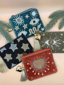 Blue Beaded Mini Coin <b>Purse</b> with White Star Design <b>Small</b> Saving Pouch for Coin Collecting & Card Cases Craftera Exports - Product Image 3