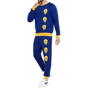 Conjunto Deportivo para Hombre con Estampado de Smiley Azul y Amarillo, Sudadera de Cuello Redondo de Manga Larga, Pantalones Jogger, Ropa Casual Estilo Otoño - Product Image 3