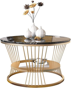 Table basse ronde de luxe en contreplaqué avec plateau en marbre noir et base en métal doré, table de salon moderne et contemporaine - Product Image 1