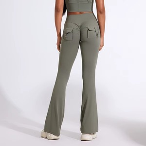 Pantalones de yoga acampanados de cintura alta con diseño en V para mujer, levantamiento de glúteos, fitness, gimnasio, pierna ancha, leggings de entrenamiento, venta al por mayor personalizada - Product Image 5