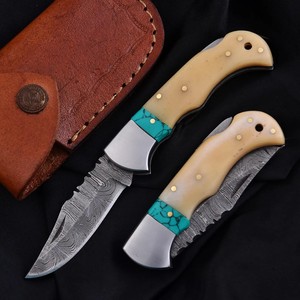 Couteau pliant en acier Damas Nordic Forge, verrouillage arrière, manche en os et turquoise avec étui, couteau de poche EDC pour le camping et la chasse - Product Image 1