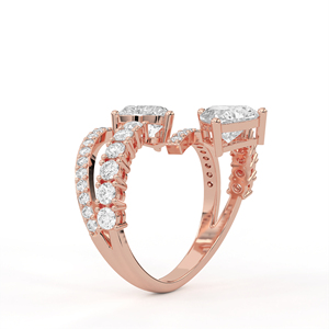 14K 18K Gold <b>Two</b> <b>Stone</b> Heart Cut Lab Grown Diamond Bypass <b>Ring</b> Contemporary Crossover Pave Accent Solitaire Engagement Band - Product Image 5
