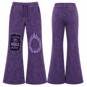 Pantalones Deportivos Morados con Corte Acampanado, Estilo Casual Urbano, Cintura Elástica con Cordón, Algodón Lavado con Efecto Arena, con Parches y Estampado de Llamas - Product Image 1