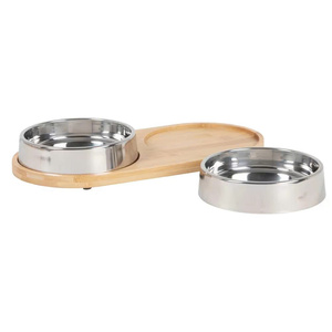 Bol pour animaux de compagnie en bambou naturel tissé avec double gamelle en acier inoxydable pour chien et chat, station d'alimentation écologique pour animaux de compagnie - Product Image 5