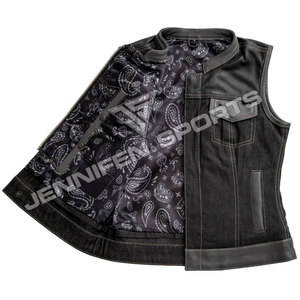 Gilet en cuir et denim pour femme, automne/hiver, style motard, court, épais, petite taille, tendance, avec doublure intérieure en bandana - Product Image 2
