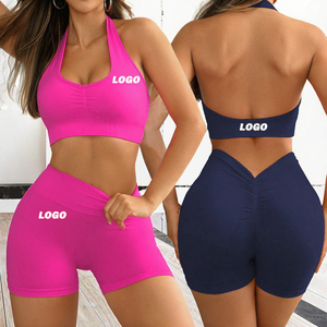 Women's 2-Piece Sports Set Solid Color Halter Crop Top <b>High</b> Waist Biker Shorts Spandex/Nylon Quick Dry All Seasons - Product Image 4