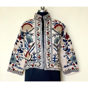 Veste universitaire en toile à col mandarin brodée à la main, motif floral, 100% coton, manches longues, courte, pour femme, automne, hiver, printemps - Product Image 1