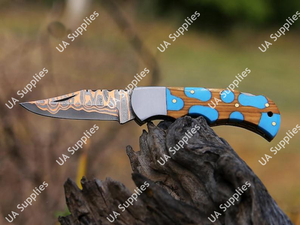 Cuchillo de Camping Plegable de Acero Damasco y Cobre, Venta al Por Mayor Directa de Fábrica, Funda Incluida, OEM/ODM Personalizable, MOQ Bajo, EDC - Product Image 3