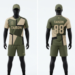 ชุดแบดมินตันชาย ผ้าโพลีเอสเตอร์อินเตอร์ล็อค ระบายอากาศได้ดี 180 GSM แห้งเร็ว สีเขียวมะกอก แต่งสีเบจ แขนสั้น รับสกรีนโลโก้ - Product Image 1