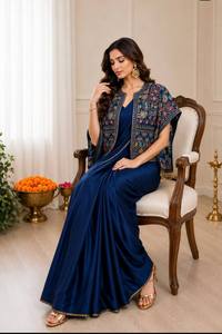 Elegant Modern Navy Blue Crepe Sheath Gown <b>with</b> Embroidered Three Quarter Sleeve <b>Jacket</b> V-Neck Bow Collar Floor-Length Dress - Product Image 3