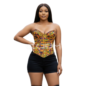 Corsé de mujer con estampado africano Kente, top corsé con varillas de acero para moldear la cintura, corsé de moda étnica, proveedor de tops bustier - Product Image 3