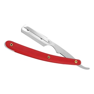 Professional Barber Swing Lock Straight Edge Folding Razor Stainless Steel Blade Red <b>Silver</b> Plastic Handle Face Shaving Shavette - Product Image 1