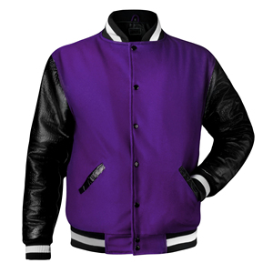 Veste de sport pour homme en violet avec manches en cuir PU noir, coupe classique, vêtement décontracté pour l'automne, col rabattu, fermeture à boutons - Product Image 3
