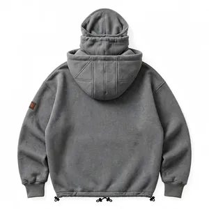 เสื้อฮู้ดดี้แบบมีฮู้ดคู่สีเทาอุตสาหกรรม รุ่นโอเวอร์ไซส์ หนัก 550 กรัม ผลิตจากผ้าฝ้าย 100% เป็นมิตรกับสิ่งแวดล้อม เหมาะสำหรับฤดูหนาว พร้อมซิปปิดหน้าแบบนินจา - Product Image 2