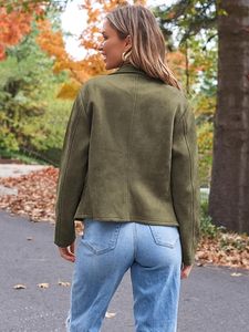 Veste moto en daim vert olive pour femme, manches longues, col en V, fermeture éclair, style automne - Product Image 4