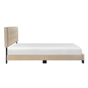 Letto matrimoniale con piattaforma, imbottito in velluto marrone chiaro, testiera regolabile in altezza, capitonné, in legno massello per camera da letto - Product Image 6