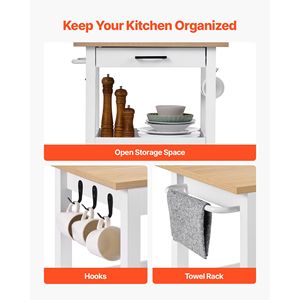 Carrello da Cucina Mobile in Legno con Anta Singola, Ripiani Regolabili, Cassetto, Portasciugamani e Ruote Girevoli - Product Image 3