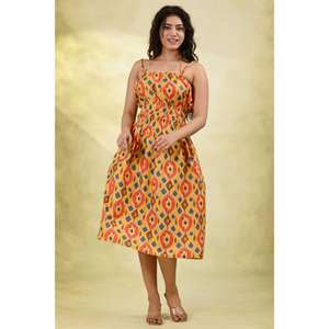 เดรสผ้าฝ้ายพิมพ์ลายดอกไม้แบบอิคัต 100% สำหรับผู้หญิง แขนกุด สายผูกเอว เอวธรรมชาติ ซักได้ สวมใส่สบายๆ สำหรับฤดูร้อน - Product Image 3