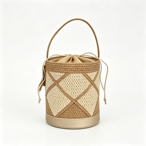 Sac seau géométrique en crochet noir et crème personnalisé, sac seau en paille tressée avec cordon de serrage, sac cylindrique tissé color-block - Product Image 6