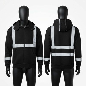 Veste de travail en molleton de coton premium 320 GSM, noire, avec bandes réfléchissantes, fermeture éclair intégrale, capuche, broderie de logo personnalisée, numérique, chaude - Product Image 1