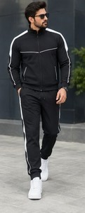 Survêtement de sport pour homme, imprimé rayures noires et blanches, style streetwear, fermeture éclair intégrale, coupe classique, poches latérales, 100% coton, idéal pour l'hiver - Product Image 3