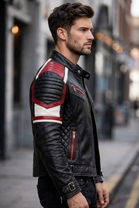 Chaqueta de Motocicleta de Cuero Genuino para Hombre, Corte Ajustado, Cierre de Cremallera, Color Sólido, Cuello Camisero, Transpirable e Impermeable - Product Image 3