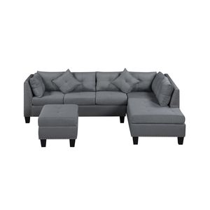 Divano imbottito grigio da 265,5 cm con chaise longue e pouf per soggiorno - Product Image 5