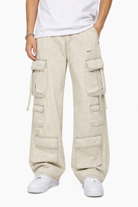 Pantalon cargo ample beige pour homme, coupe décontractée, jambe large, multi-poches, style streetwear, en denim et mélange de coton - Product Image 1
