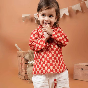 Kurta roja estampada de algodón con dhoti para niños-T-Red kurta roja - Product Image 1