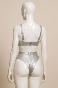Women's Metallic Silver Faux Leather Underwire Bra & High-Waist Brief <b>Set</b> with Adjustable Belt – Premium Fashion Lingerie <b>Set</b> - Product Image 3