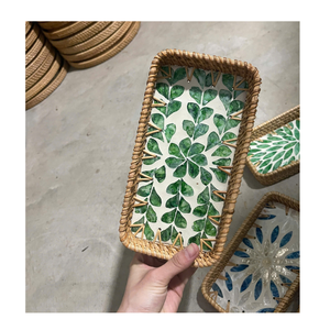 Handmade Ceramic Coaster Round Bohemian Blue Floral Design Rattan Woven Edge Table Mat Decoration - Product Image 4