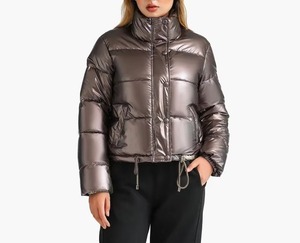 Chaqueta Acolchada para Mujer, Cuello Alto, Manga Larga, Corta, Color Gris Metálico, Abrigo de Invierno, Cierre de Botones, Poliéster Grueso - Product Image 1