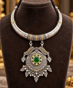 Ethnic Tai Silver Jewelry Set <b>for</b> <b>Women</b> Antique Plated Alloy <b>Choker</b> with Imitation Pearl Drop Bridal Gift - Product Image 2
