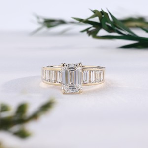 <b>Unique</b> Yellow Gold Emerald Cut Lab Grown Diamond <b>Engagement</b> <b>Ring</b> Classic Channel Set Tapered Side Stone Customizable Unisex - Product Image 1