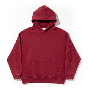 Sweat-shirt à capuche rouge surdimensionné avec motif épine brodé sur les manches, en molleton bouclette décontracté, idéal pour l'automne - Product Image 1