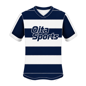 Conjunto de Uniforme de Rugby Azul Marino y Blanco de Manga Corta, Jersey de Rugby a Rayas con Cuello Redondo, Pantalones Cortos con Cordón, Ropa Deportiva para Entrenamiento - Product Image 3