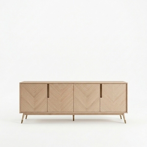 Buffet scandinave en chêne clair avec incrustations Chevron, meuble TV 4 portes, console multimédia, meuble d'entrée, salon - Product Image 1