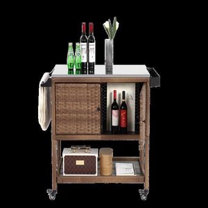Carrello Bar da Esterno in Vimini con Ruote, Tavolo Bar Rotante in Rattan con Piano in Vetro, Arredamento per Veranda e Patio per Servire il Vino - Product Image 2