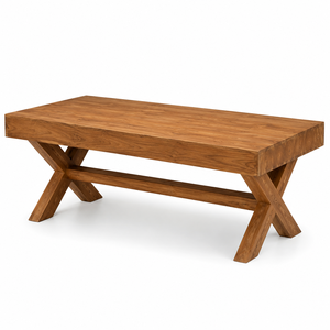 Mesa de Centro de Madera de Teca Sólida, Impermeable y Ecológica, con Tapa Rectangular Gruesa y Base de Patas en X, Mueble Moderno de Estilo Industrial - Product Image 3