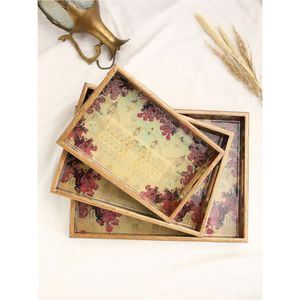 Bandeja de Servir de Madera con Estampado Étnico Esmaltado, Plato de Madera con Patrón Floral Bohemio - Bandejas Decorativas para Sala de Estar o Tocador - Product Image 1