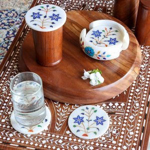 Luxury White and Pink <b>Marble</b> <b>Coaster</b> Round Natural Stone Drink <b>Coaster</b> with Metallic Gold Brass Inlay Strip - Product Image 6