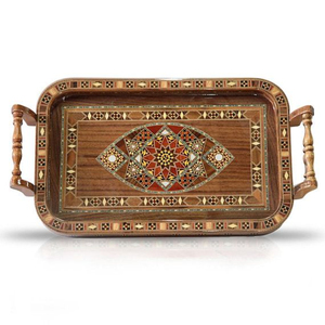Plateau de service marocain en bois de noyer fait main avec incrustations de nacre et de mosaïque, plateau décoratif pour table basse, plateau décoratif - Product Image 1